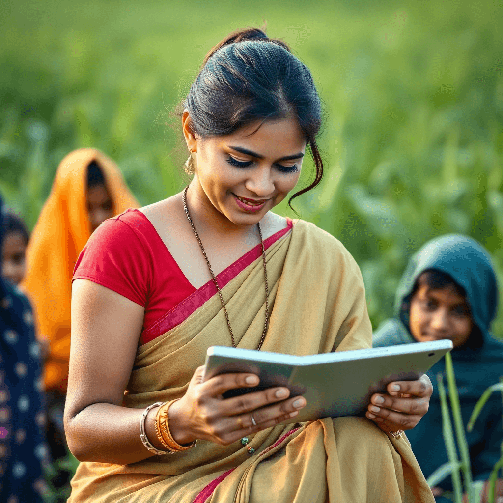 Indian village entrepreneur woman using tablet, rural technology adoption, Gramsaathi partner helping community members, digital empowerment, green rural background, professional photography, warm lighting